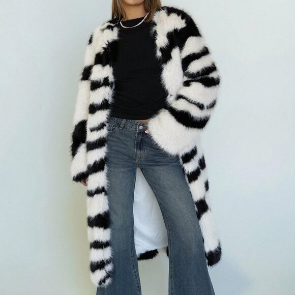 MODA ME COUTURE Jackets & Blazers - Black And White Casual Women's Zebra Print Color Block Faux Jacket